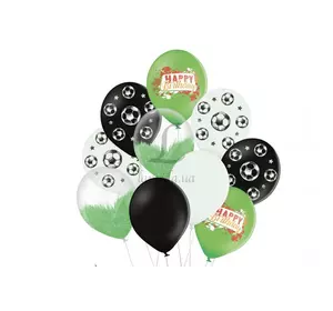 Набір повітряних кульок "Hapy Birthday футбол", чорний, білий, браш, з печаткою, 10 шт. 251-9036